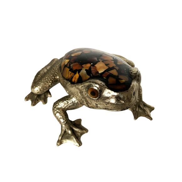 Vintage Silver Plated Frog w/ Inlaid Shells Back Paper Weight Figurine